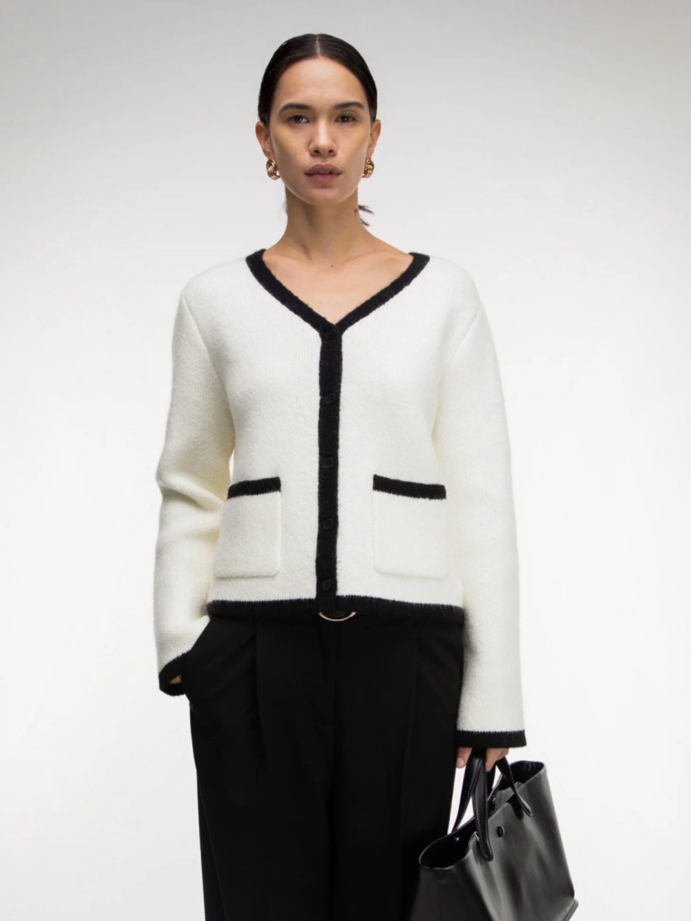 OAK + FORT Cream Knit Cardigan with Black Trim